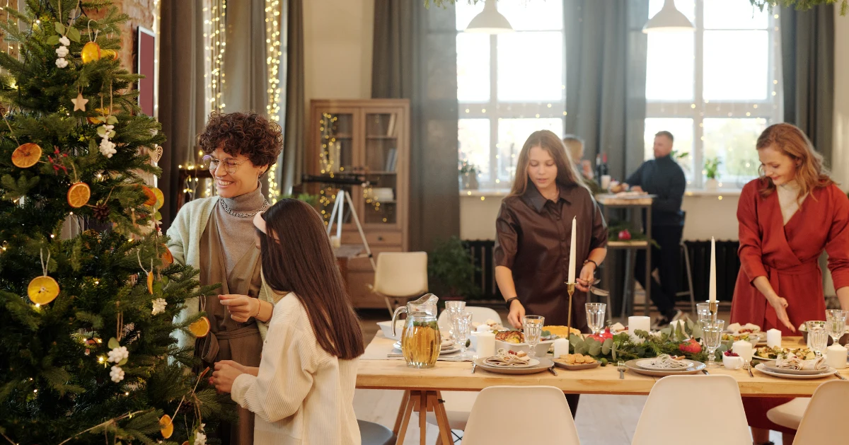 Family gathering for a meal at Christmas
