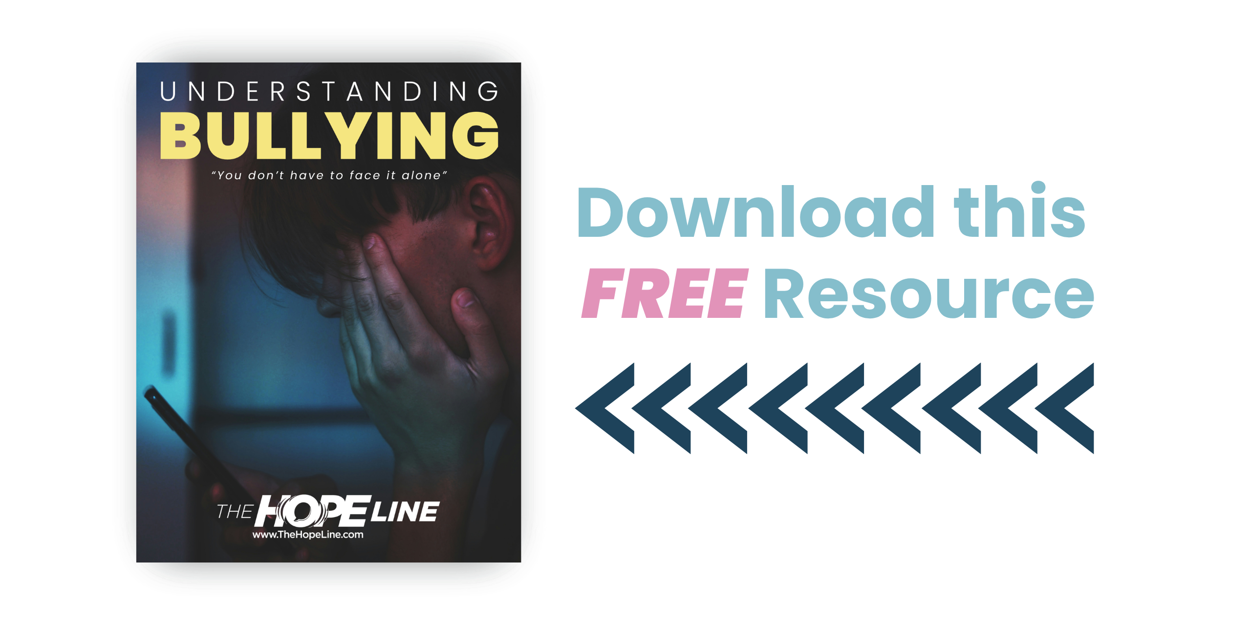 A person with their head in their hand appears sad. Text: Understanding Bullying, You dont have to face it alone. Next to it: Download this FREE Resource and arrows pointing left to the booklet.